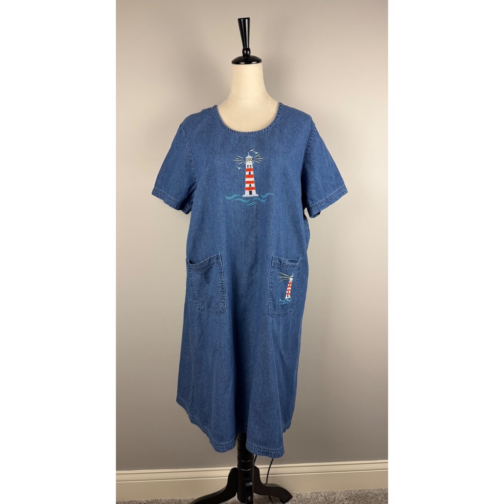 Vintage Blair Dress Denim Lighthouse XLG Blue Shift Short Sleeve Nautical
